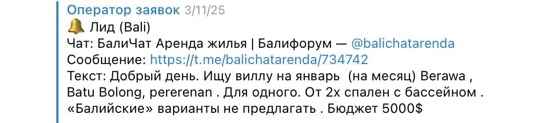 Скриншот лида по аренде виллы на Бали